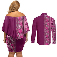 Hawaiian Tribal Elements Hibiscus Couples Matching Off Shoulder Short Dress and Long Sleeve Button Shirt Pink Pattern LT9 - Polynesian Pride