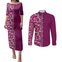 Hawaiian Tribal Elements Hibiscus Couples Matching Puletasi and Long Sleeve Button Shirt Pink Pattern - Polynesian Pride