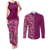 Hawaiian Tribal Elements Hibiscus Couples Matching Tank Maxi Dress and Long Sleeve Button Shirt Pink Pattern LT9 Pink - Polynesian Pride