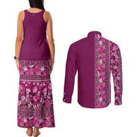 Hawaiian Tribal Elements Hibiscus Couples Matching Tank Maxi Dress and Long Sleeve Button Shirt Pink Pattern LT9 - Polynesian Pride