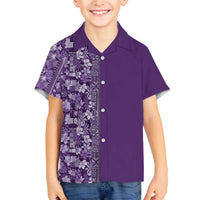 Hawaiian Tribal Elements Hibiscus Family Matching Off The Shoulder Long Sleeve Dress and Hawaiian Shirt Purple Pattern - Polynesian Pride