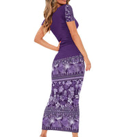 Hawaiian Tribal Elements Hibiscus Family Matching Short Sleeve Bodycon Dress and Hawaiian Shirt Purple Pattern - Polynesian Pride