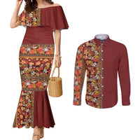 Hawaiian Tribal Elements Hibiscus Couples Matching Mermaid Dress and Long Sleeve Button Shirt Red Pattern - Polynesian Pride