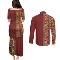 Hawaiian Tribal Elements Hibiscus Couples Matching Puletasi and Long Sleeve Button Shirt Red Pattern - Polynesian Pride