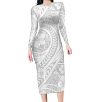 Lotu Tamaiti Samoan Polynesian Tribal Family Matching Long Sleeve Bodycon Dress and Hawaiian Shirt LT9 Mom's Dress White - Polynesian Pride