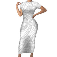 Lotu Tamaiti Samoan Polynesian Tribal Family Matching Short Sleeve Bodycon Dress and Hawaiian Shirt LT9 Mom's Dress White - Polynesian Pride