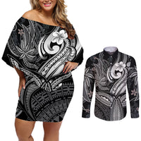 Polynesia Couples Matching Off Shoulder Short Dress and Long Sleeve Button Shirts Whale Tale and Polynesian Sunset Plumeria Black LT9 Black - Polynesian Pride