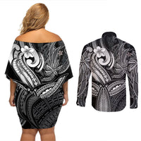 Polynesia Couples Matching Off Shoulder Short Dress and Long Sleeve Button Shirts Whale Tale and Polynesian Sunset Plumeria Black LT9 - Polynesian Pride