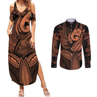 Polynesia Couples Matching Summer Maxi Dress and Long Sleeve Button Shirts Whale Tale and Polynesian Sunset Plumeria Gold LT9 Gold - Polynesian Pride