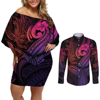 Polynesia Couples Matching Off Shoulder Short Dress and Long Sleeve Button Shirts Whale Tale and Polynesian Sunset Plumeria Pink LT9 Pink - Polynesian Pride