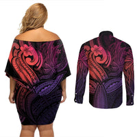 Polynesia Couples Matching Off Shoulder Short Dress and Long Sleeve Button Shirts Whale Tale and Polynesian Sunset Plumeria Pink LT9 - Polynesian Pride