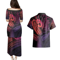 Polynesia Couples Matching Puletasi Dress and Hawaiian Shirt Whale Tale and Polynesian Sunset Plumeria Pink LT9 - Polynesian Pride