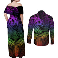 Polynesia Couples Matching Off Shoulder Maxi Dress and Long Sleeve Button Shirts Whale Tale and Polynesian Sunset Plumeria Rainbow LT9 - Polynesian Pride