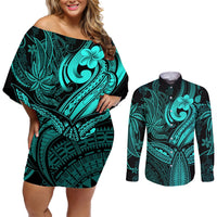 Polynesia Couples Matching Off Shoulder Short Dress and Long Sleeve Button Shirts Whale Tale and Polynesian Sunset Plumeria Turquoise LT9 Turquoise - Polynesian Pride