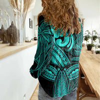 Polynesia Women Casual Shirt Whale Tale and Polynesian Sunset Plumeria Turquoise LT9 - Polynesian Pride