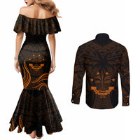 FSM Chuuk States Couples Matching Mermaid Dress and Long Sleeve Button Shirts Micronesia Vintage Polynesian Tribal Gold Version LT9 - Polynesian Pride
