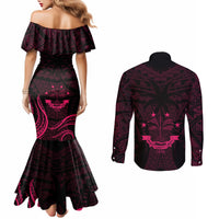 FSM Chuuk States Couples Matching Mermaid Dress and Long Sleeve Button Shirts Micronesia Vintage Polynesian Tribal Pink Version LT9 - Polynesian Pride