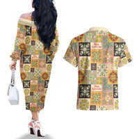 Mele Kalikimaka Hawaii Christmas Couples Matching Off The Shoulder Long Sleeve Dress and Hawaiian Shirt Melemele Mama Seamless Floral Motif LT9 - Polynesian Pride