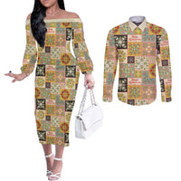 Mele Kalikimaka Hawaii Christmas Couples Matching Off The Shoulder Long Sleeve Dress and Long Sleeve Button Shirt Melemele Mama Seamless Floral Motif LT9 Beige - Polynesian Pride