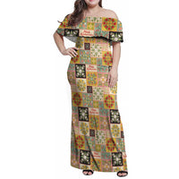 Mele Kalikimaka Hawaii Christmas Family Matching Off Shoulder Maxi Dress and Hawaiian Shirt Melemele Mama Seamless Floral Motif LT9 Mom's Dress Beige - Polynesian Pride