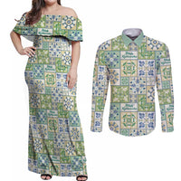 Mele Kalikimaka Hawaii Christmas Couples Matching Off Shoulder Maxi Dress and Long Sleeve Button Shirt Omaomao Seamless Floral Motif LT9 Green - Polynesian Pride