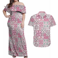 Mele Kalikimaka Hawaii Christmas Couples Matching Off Shoulder Maxi Dress and Hawaiian Shirt Akala Seamless Floral Motif LT9 Pink - Polynesian Pride