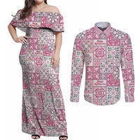 Mele Kalikimaka Hawaii Christmas Couples Matching Off Shoulder Maxi Dress and Long Sleeve Button Shirt Akala Seamless Floral Motif - Polynesian Pride