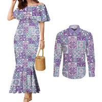 Mele Kalikimaka Hawaii Christmas Couples Matching Mermaid Dress and Long Sleeve Button Shirt Poni Seamless Floral Motif LT9 Purple - Polynesian Pride