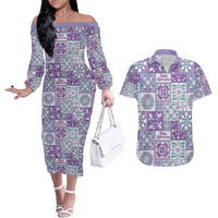 Mele Kalikimaka Hawaii Christmas Couples Matching Off The Shoulder Long Sleeve Dress and Hawaiian Shirt Poni Seamless Floral Motif LT9 Purple - Polynesian Pride