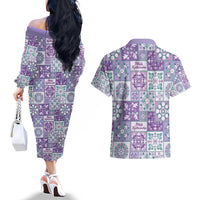 Mele Kalikimaka Hawaii Christmas Couples Matching Off The Shoulder Long Sleeve Dress and Hawaiian Shirt Poni Seamless Floral Motif LT9 - Polynesian Pride