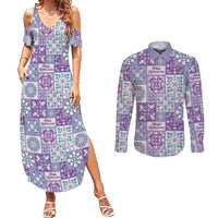 Mele Kalikimaka Hawaii Christmas Couples Matching Summer Maxi Dress and Long Sleeve Button Shirt Poni Seamless Floral Motif - Polynesian Pride