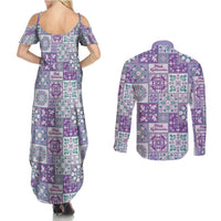 Mele Kalikimaka Hawaii Christmas Couples Matching Summer Maxi Dress and Long Sleeve Button Shirt Poni Seamless Floral Motif - Polynesian Pride