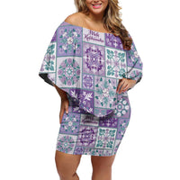 Mele Kalikimaka Hawaii Christmas Family Matching Off Shoulder Short Dress and Hawaiian Shirt Poni Seamless Floral Motif LT9 Mom's Dress Purple - Polynesian Pride