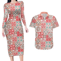 Mele Kalikimaka Hawaii Christmas Couples Matching Long Sleeve Bodycon Dress and Hawaiian Shirt Ulaula Seamless Floral Motif LT9 Red - Polynesian Pride