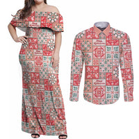 Mele Kalikimaka Hawaii Christmas Couples Matching Off Shoulder Maxi Dress and Long Sleeve Button Shirt Ulaula Seamless Floral Motif - Polynesian Pride