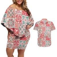 Mele Kalikimaka Hawaii Christmas Couples Matching Off Shoulder Short Dress and Hawaiian Shirt Ulaula Seamless Floral Motif LT9 Red - Polynesian Pride