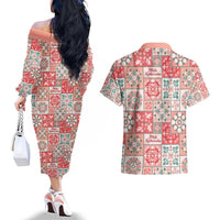 Mele Kalikimaka Hawaii Christmas Couples Matching Off The Shoulder Long Sleeve Dress and Hawaiian Shirt Ulaula Seamless Floral Motif LT9 - Polynesian Pride