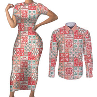 Mele Kalikimaka Hawaii Christmas Couples Matching Short Sleeve Bodycon Dress and Long Sleeve Button Shirt Ulaula Seamless Floral Motif LT9 Red - Polynesian Pride