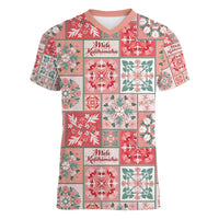 Mele Kalikimaka Hawaii Christmas Women V-Neck T-Shirt Ulaula Seamless Floral Motif LT9 Female Red - Polynesian Pride