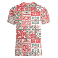 Mele Kalikimaka Hawaii Christmas Women V-Neck T-Shirt Ulaula Seamless Floral Motif LT9 - Polynesian Pride