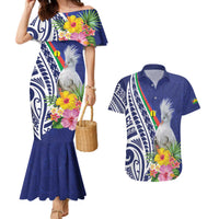 New Caledonia Kagu Bird Couples Matching Mermaid Dress and Hawaiian Shirt Polynesian Tropical Flowers LT9 Blue - Polynesian Pride
