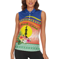 New Caledonia Nautilus Shell Women Sleeveless Polo Shirt Polynesian Tropical Flowers