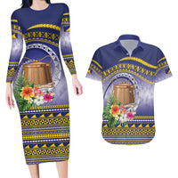 Tokelau Tuluma Couples Matching Long Sleeve Bodycon Dress and Hawaiian Shirt Polynesian Tropical Flowers LT9 Blue - Polynesian Pride