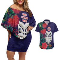 Maori Wheku Meri Kirihimete Personalised Couples Matching Off Shoulder Short Dress and Hawaiian Shirt All Blue Indigenous Maori Motif - Polynesian Pride