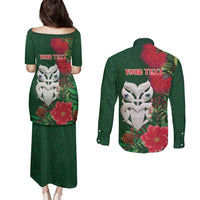 Maori Wheku Meri Kirihimete Personalised Couples Matching Puletasi and Long Sleeve Button Shirt All Green Indigenous Maori Motif - Polynesian Pride