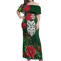 Maori Wheku Meri Kirihimete Personalised Off Shoulder Maxi Dress All Green Indigenous Maori Motif - Polynesian Pride