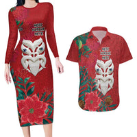 Maori Wheku Meri Kirihimete Personalised Couples Matching Long Sleeve Bodycon Dress and Hawaiian Shirt All Red Indigenous Maori Motif - Polynesian Pride