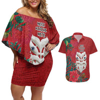 Maori Wheku Meri Kirihimete Personalised Couples Matching Off Shoulder Short Dress and Hawaiian Shirt All Red Indigenous Maori Motif - Polynesian Pride