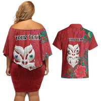 Maori Wheku Meri Kirihimete Personalised Couples Matching Off Shoulder Short Dress and Hawaiian Shirt All Red Indigenous Maori Motif - Polynesian Pride