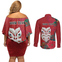Maori Wheku Meri Kirihimete Personalised Couples Matching Off Shoulder Short Dress and Long Sleeve Button Shirt All Red Indigenous Maori Motif - Polynesian Pride
